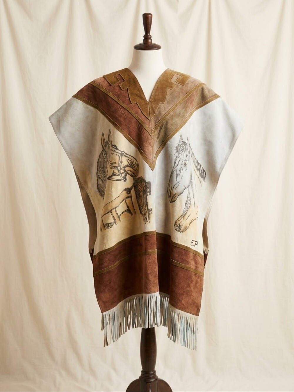 Suede Western Horse Poncho in Brown and Cream - Unbranded